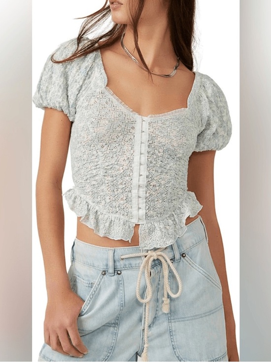 Free People Tops - Free People Light Blue Smocked Ruffle Crop Top - Women's cottage core baby doll